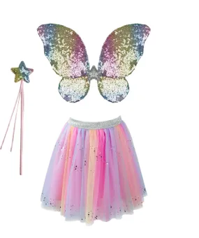 GREAT PRETENDERS - DRESS UP: RAINBOW SEQUINS SKIRT W/ WINGS & WAND - 4-6YRS