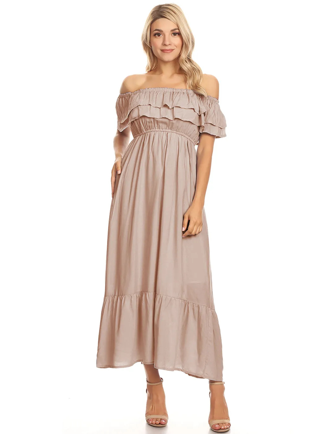 Grecian Ruffle Stretch Maxi Long Dress