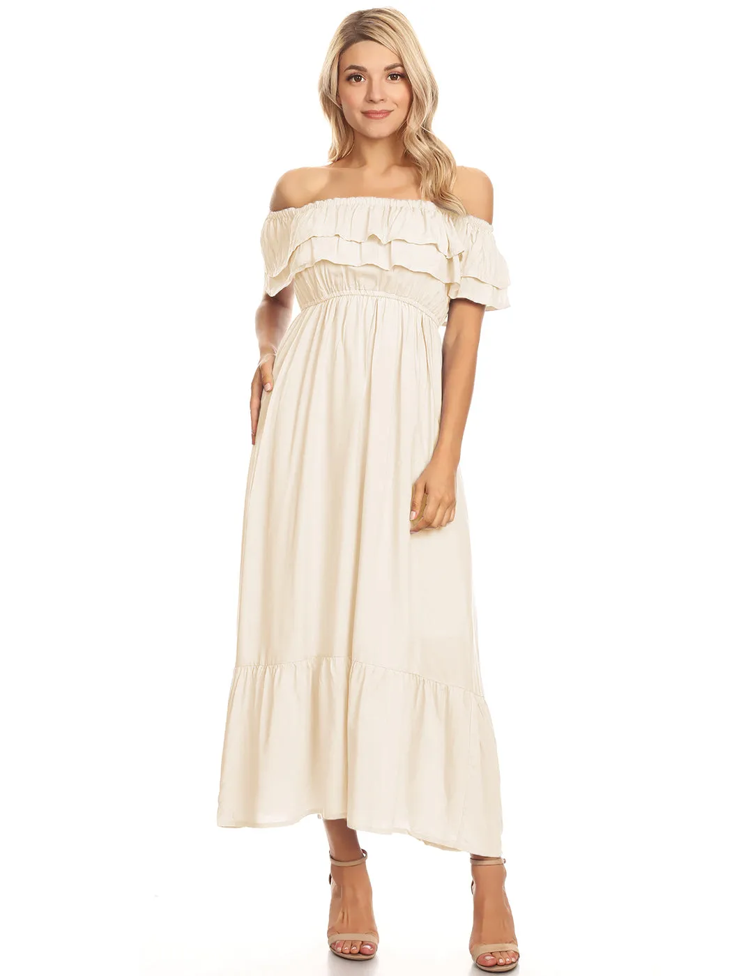 Grecian Ruffle Stretch Maxi Long Dress