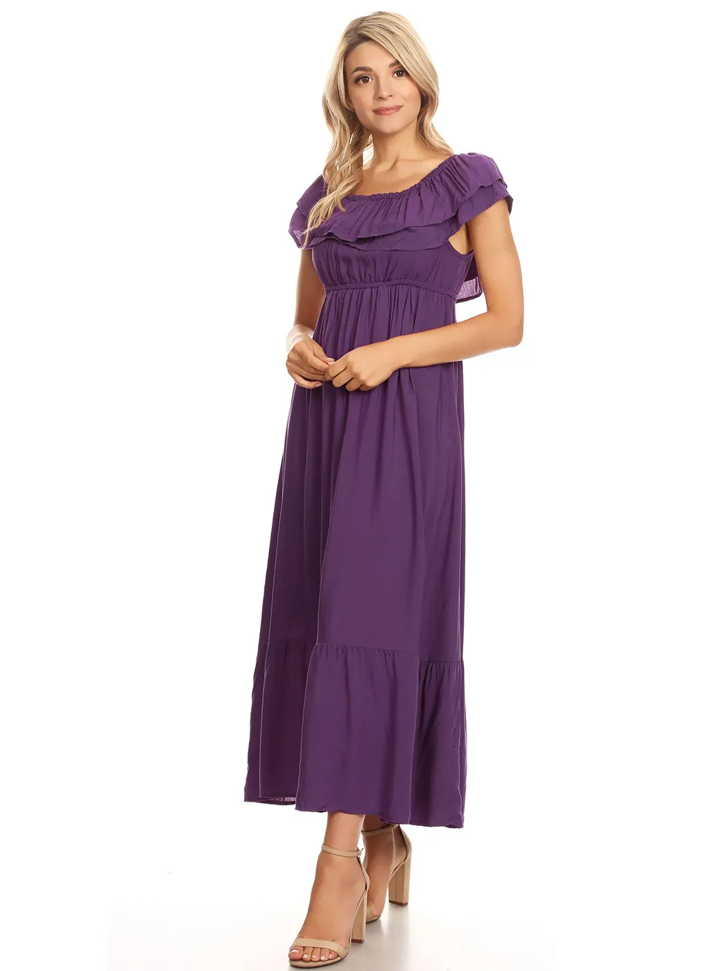 Grecian Ruffle Stretch Maxi Long Dress