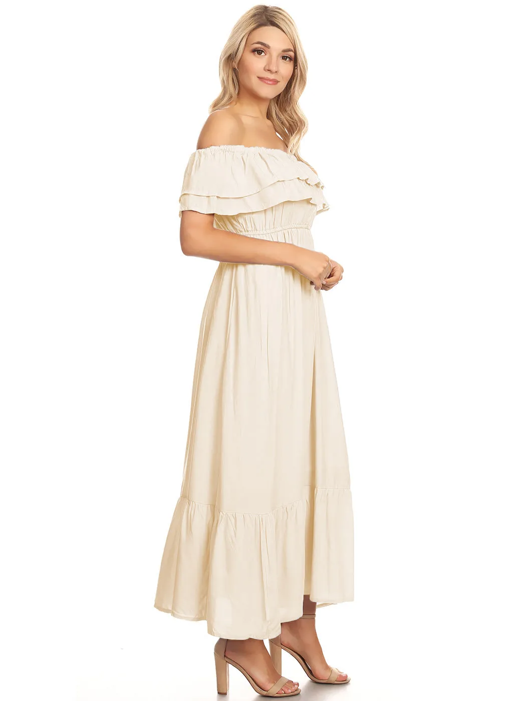 Grecian Ruffle Stretch Maxi Long Dress