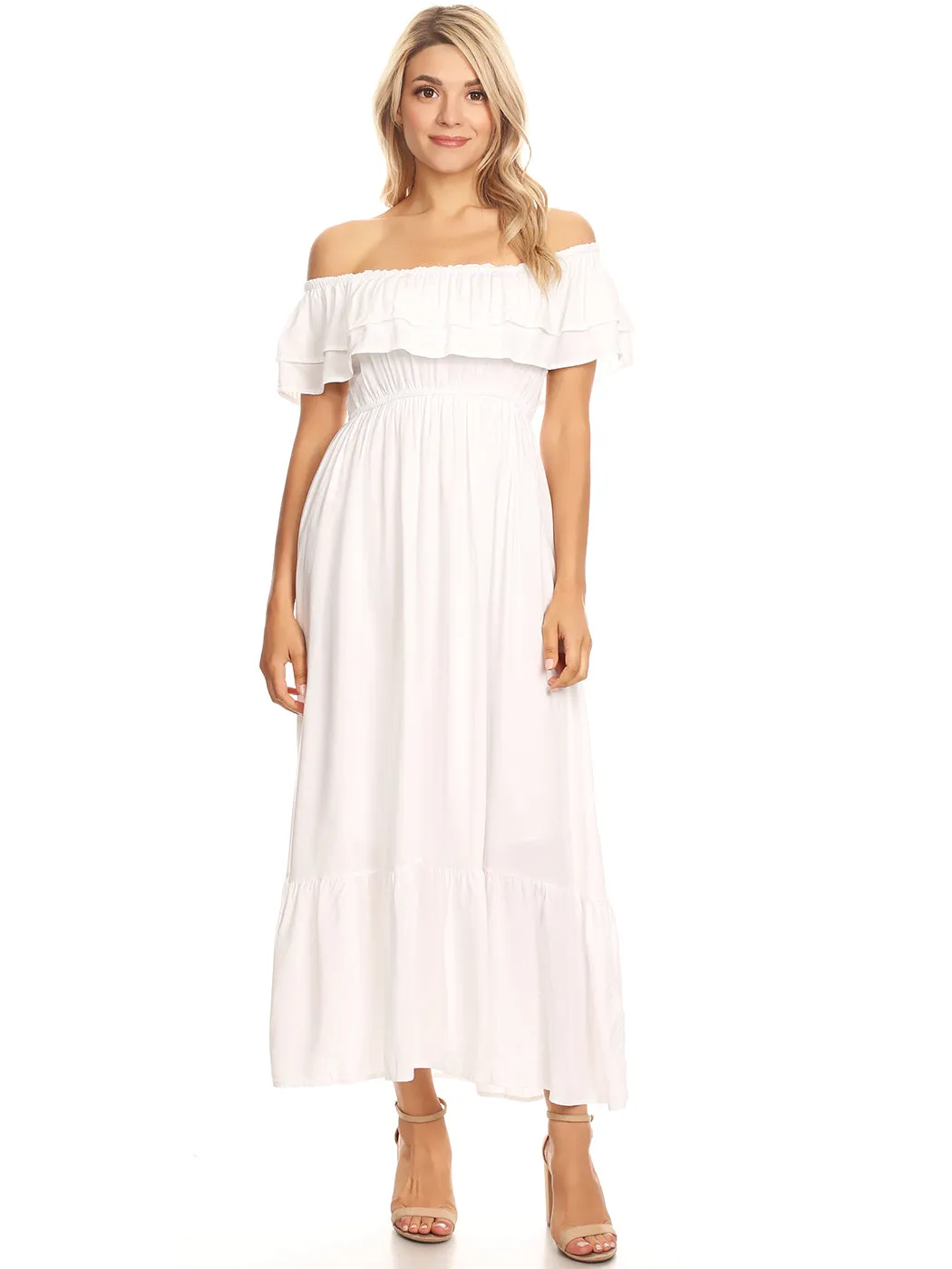 Grecian Ruffle Stretch Maxi Long Dress