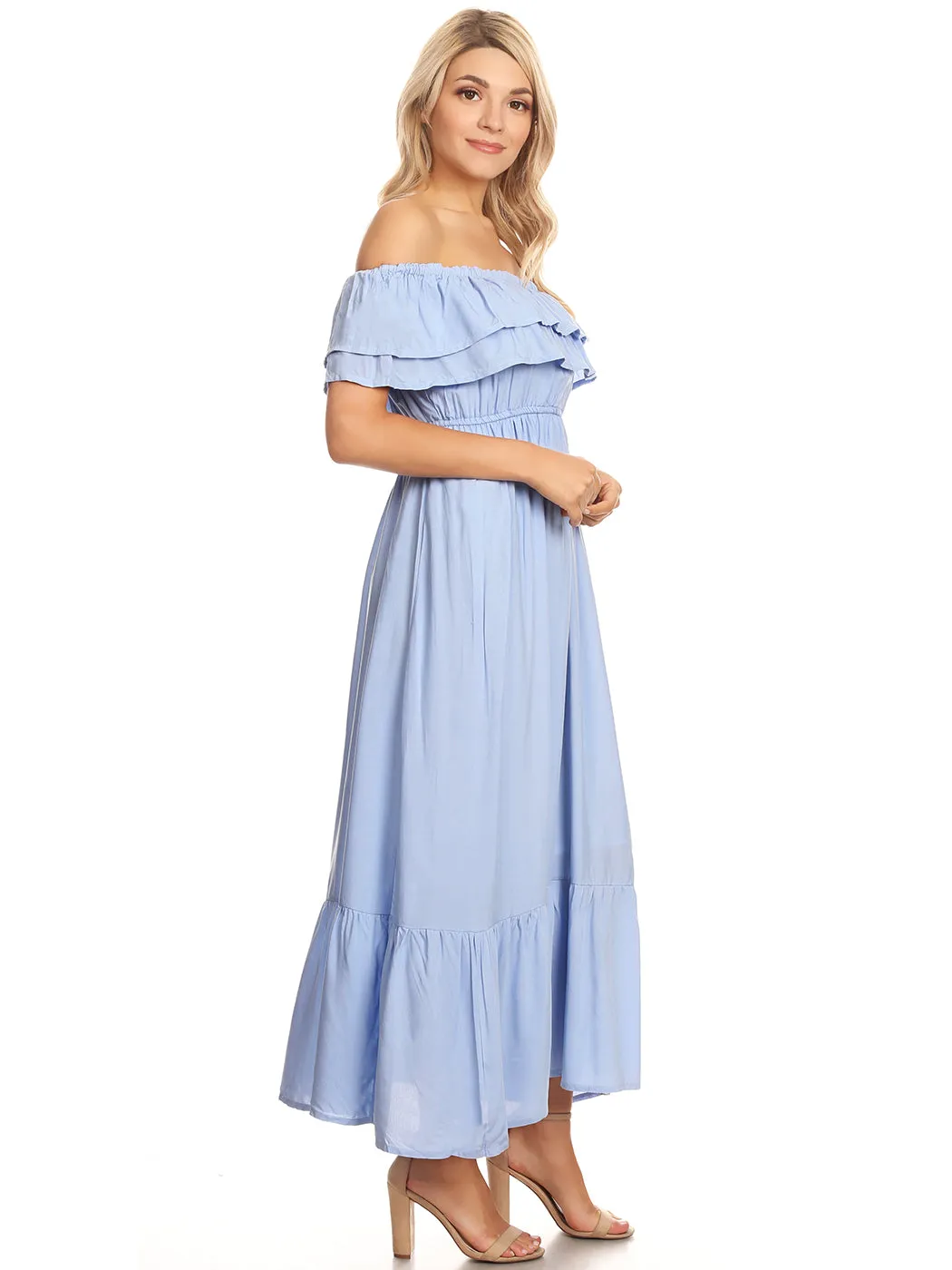 Grecian Ruffle Stretch Maxi Long Dress