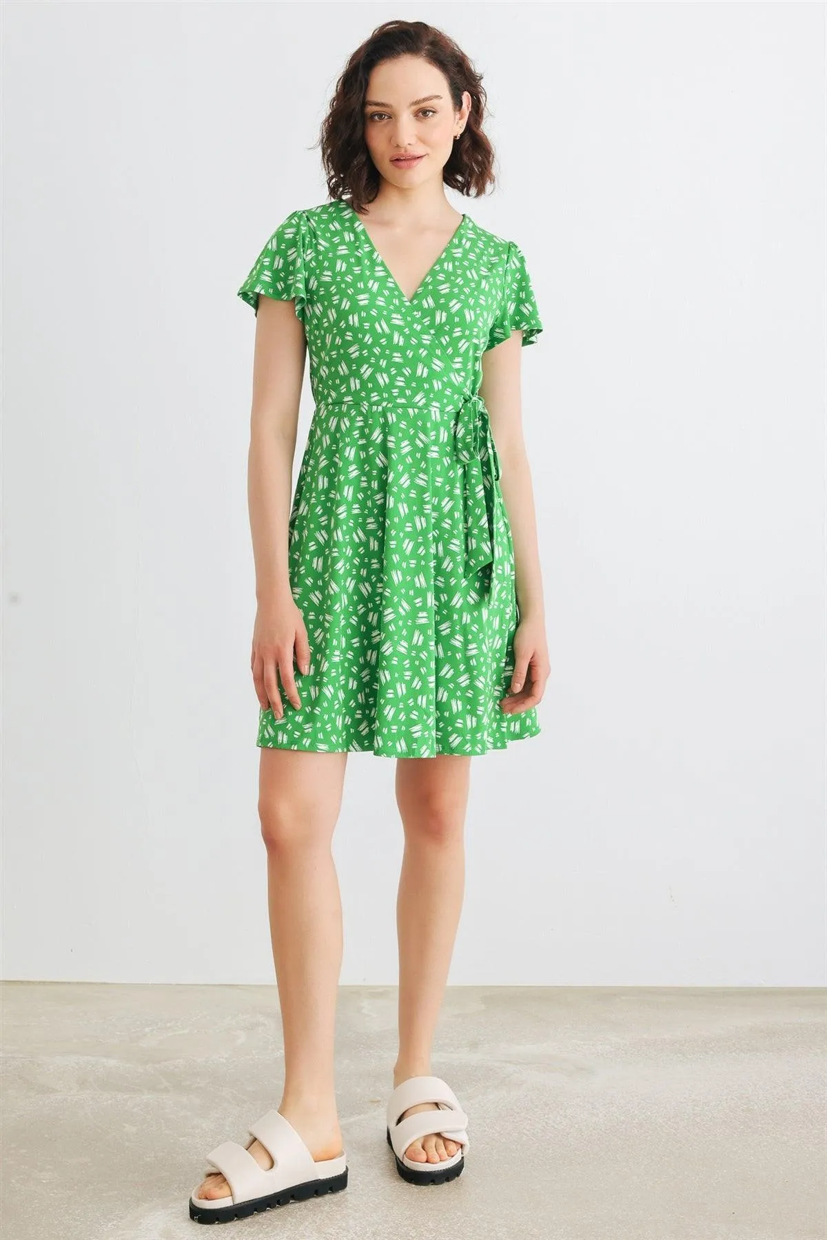 Green & White Print Wrap Neck Short Sleeve Tie Mini Dress /2-2-2