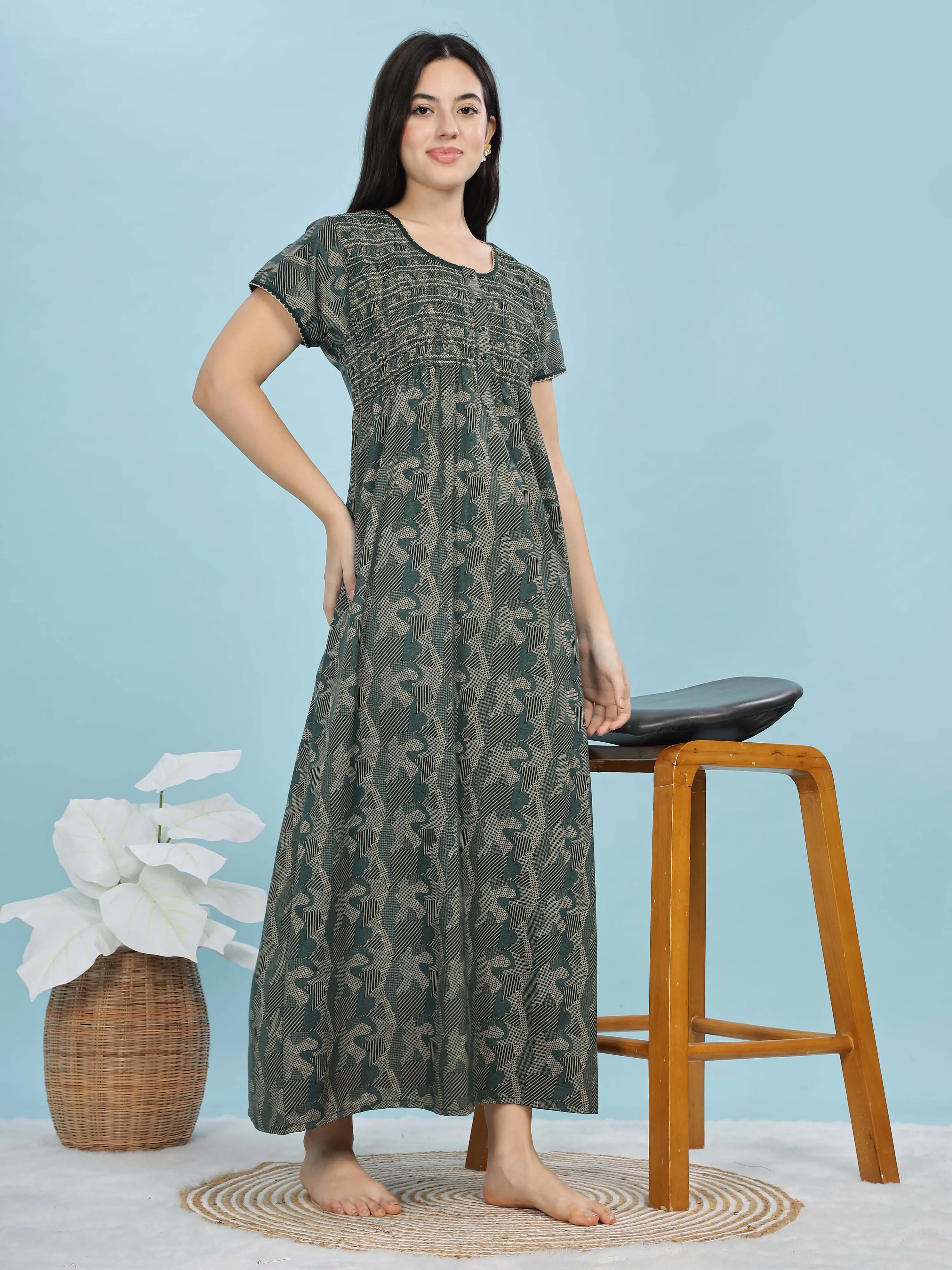 Green Smokey Floral Maxi Nighty – Elegant & Soft Fabric