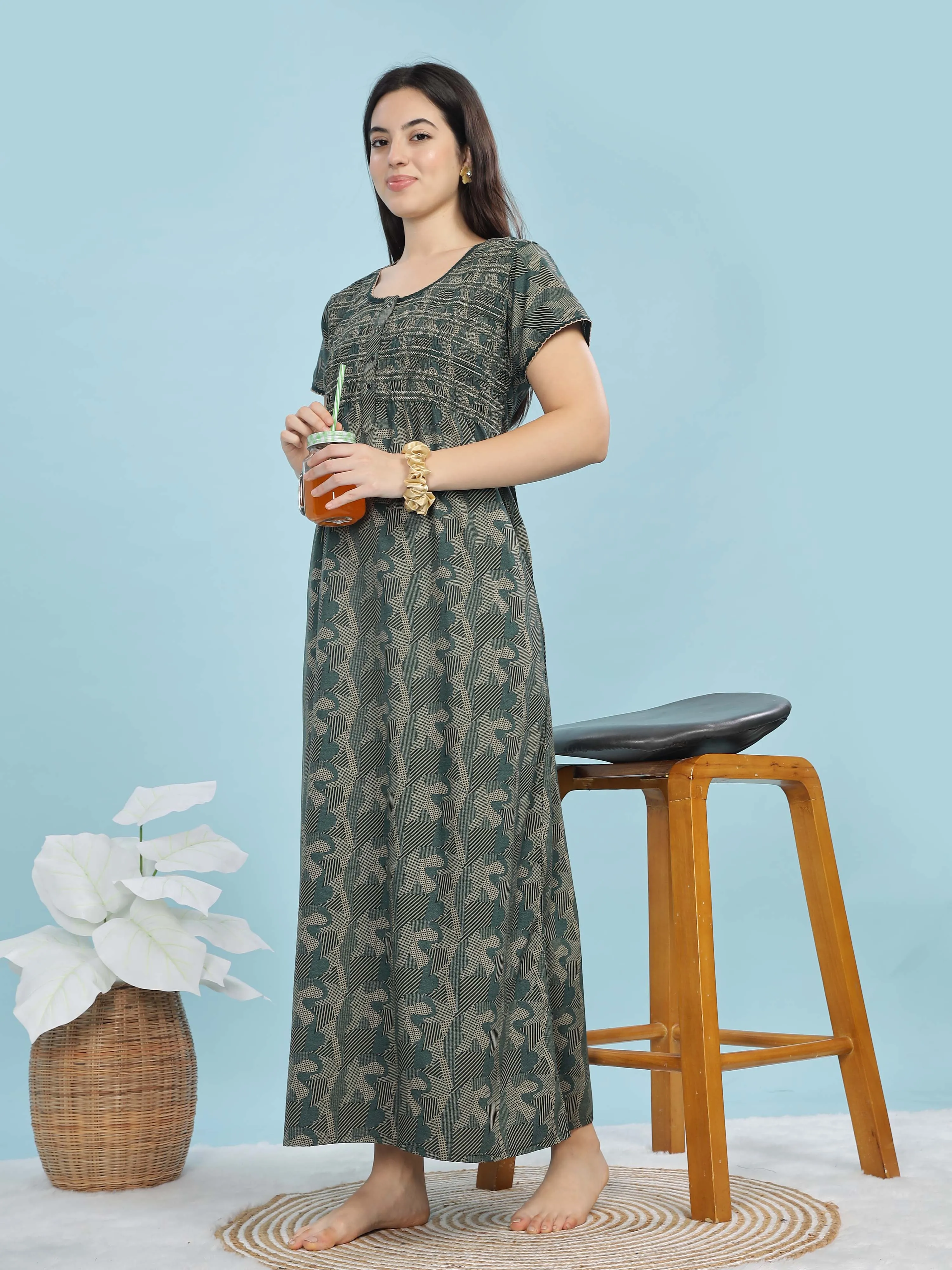 Green Smokey Floral Maxi Nighty – Elegant & Soft Fabric