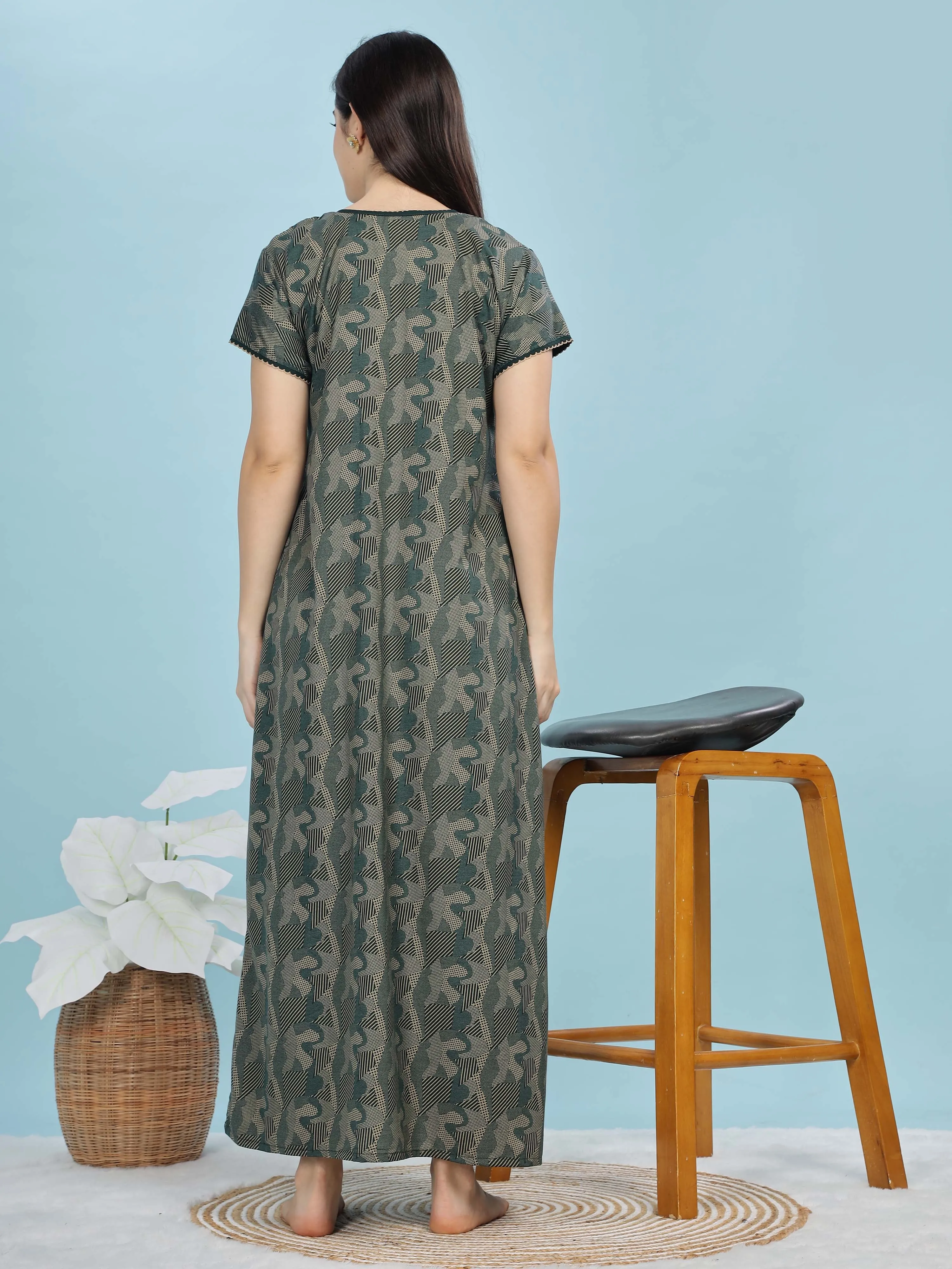 Green Smokey Floral Maxi Nighty – Elegant & Soft Fabric