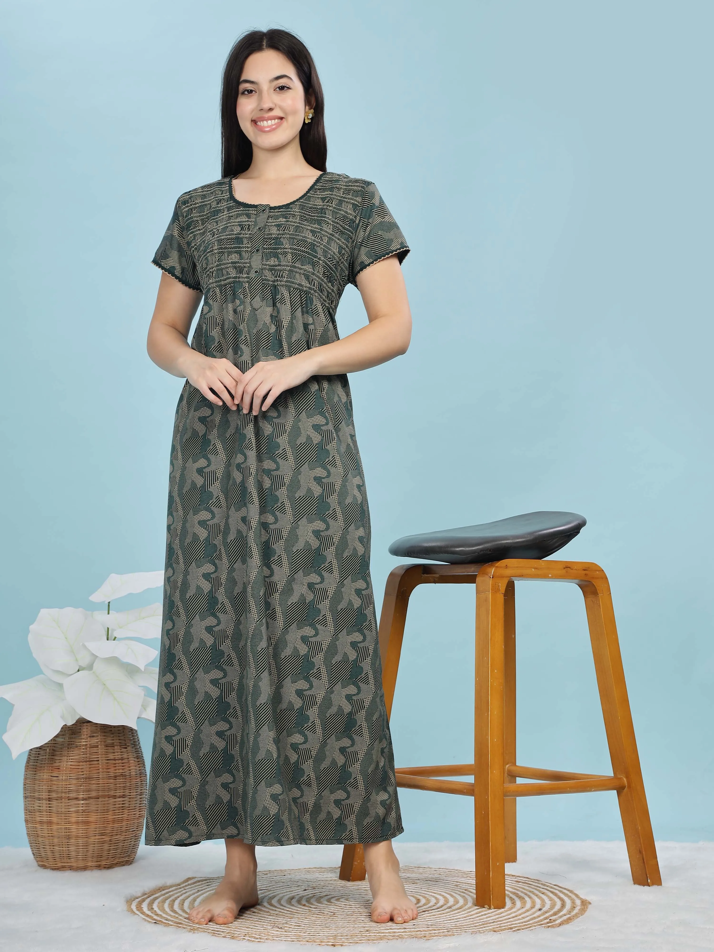 Green Smokey Floral Maxi Nighty – Elegant & Soft Fabric