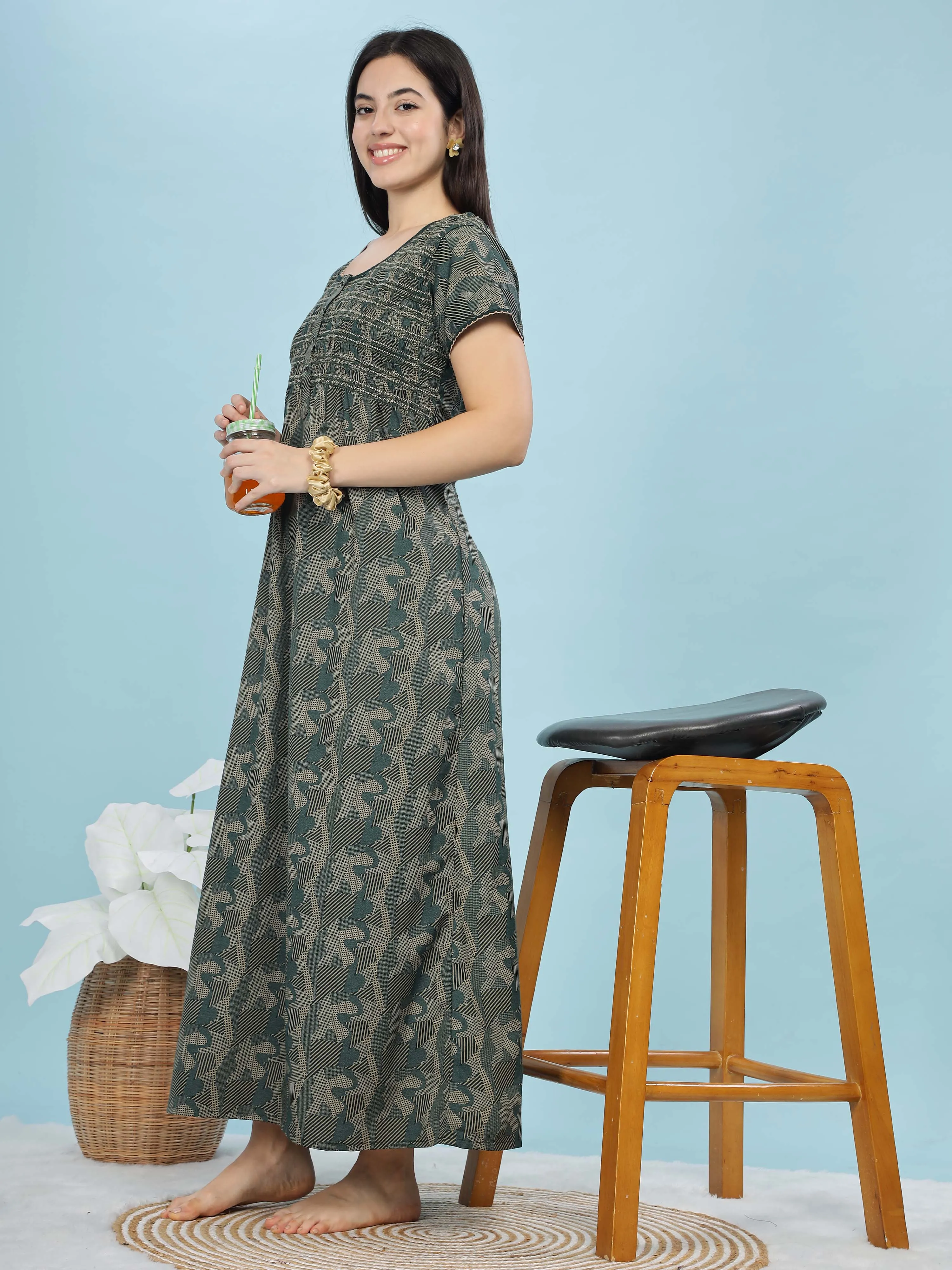 Green Smokey Floral Maxi Nighty – Elegant & Soft Fabric