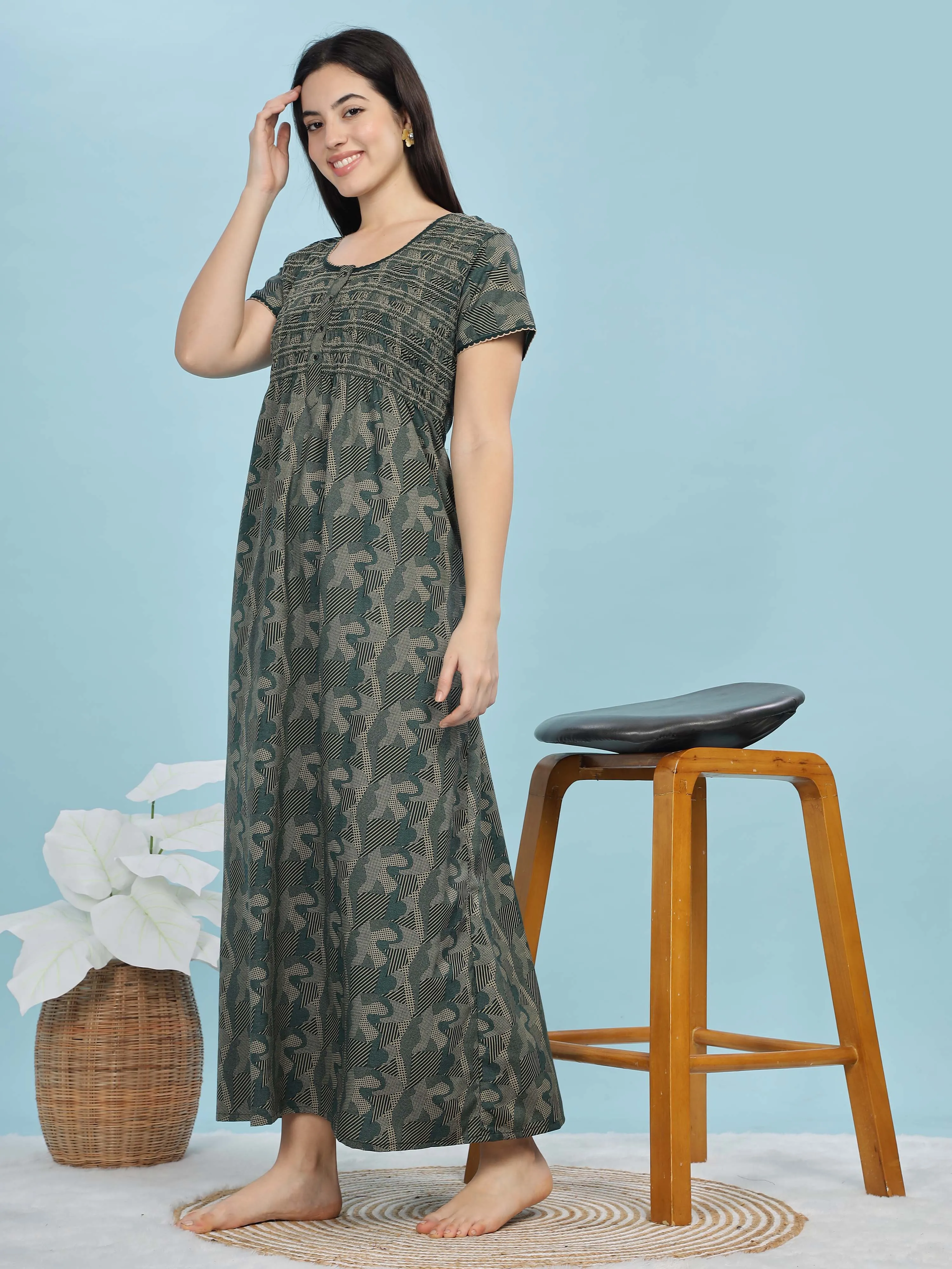 Green Smokey Floral Maxi Nighty – Elegant & Soft Fabric