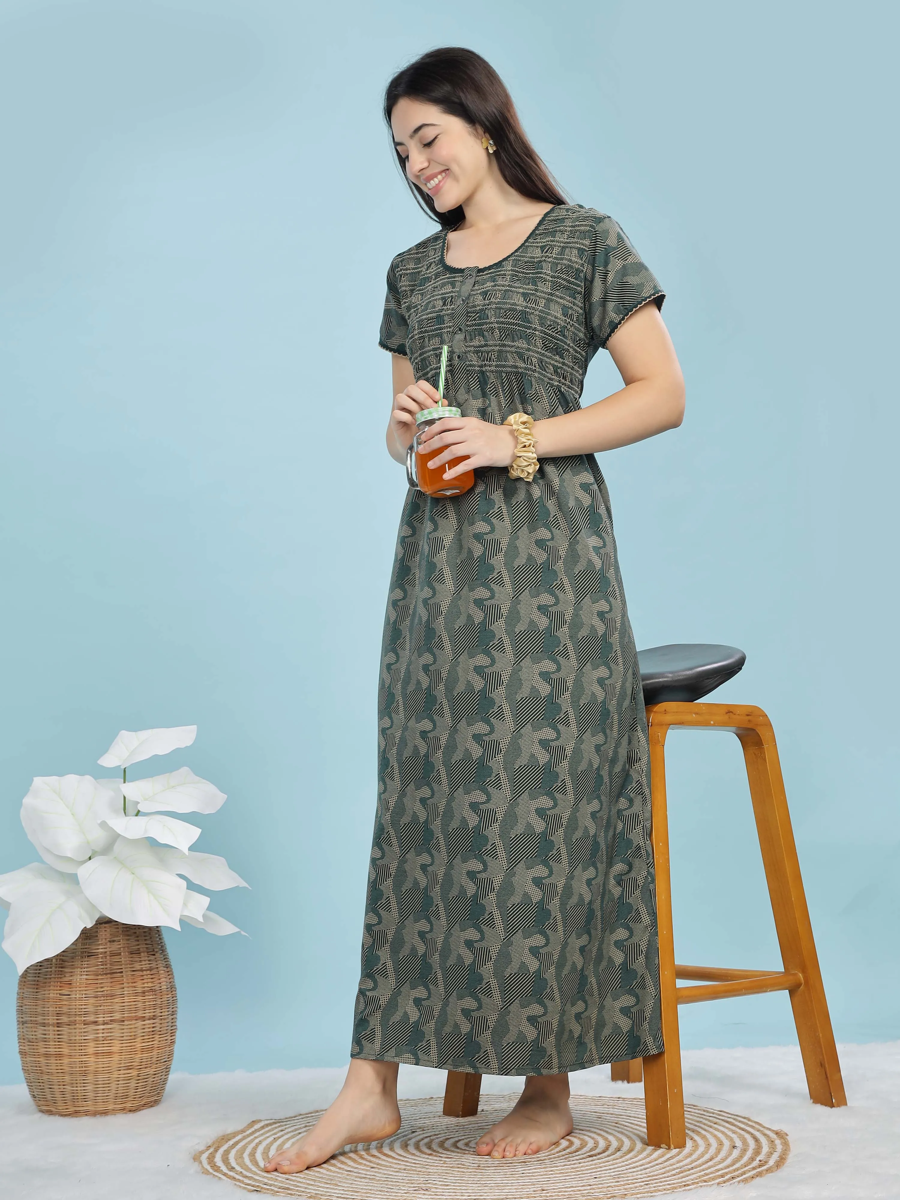 Green Smokey Floral Maxi Nighty – Elegant & Soft Fabric