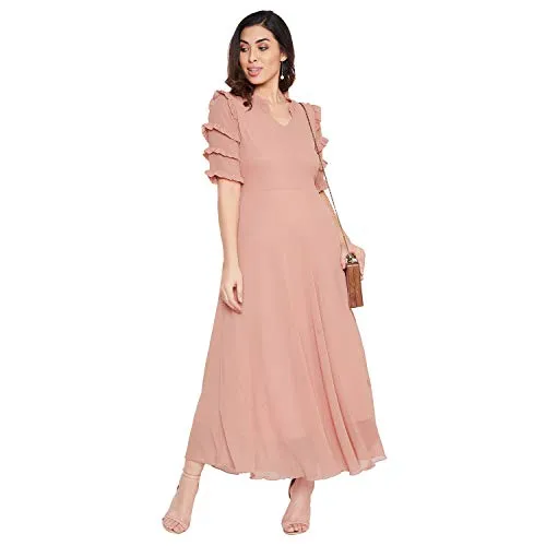 Hello Design Women Beige Frill Maxi Dress