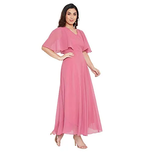 Hello Design Women Pink Solid Frill Maxi Dress