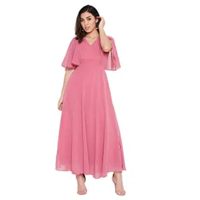 Hello Design Women Pink Solid Frill Maxi Dress