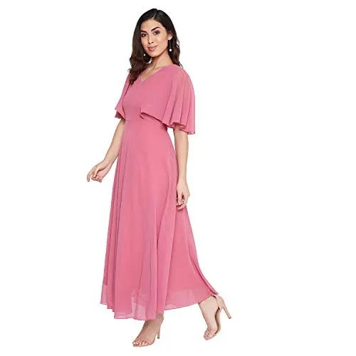 Hello Design Women Pink Solid Frill Maxi Dress