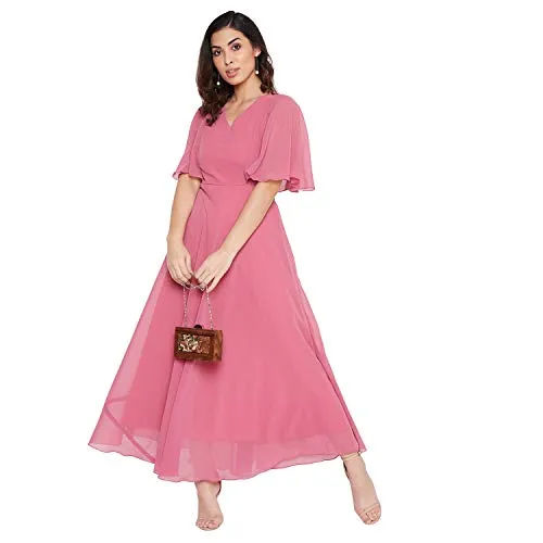 Hello Design Women Pink Solid Frill Maxi Dress