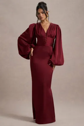 Helsinki | Berry Satin V-Neck Balloon Sleeve Maxi Dress