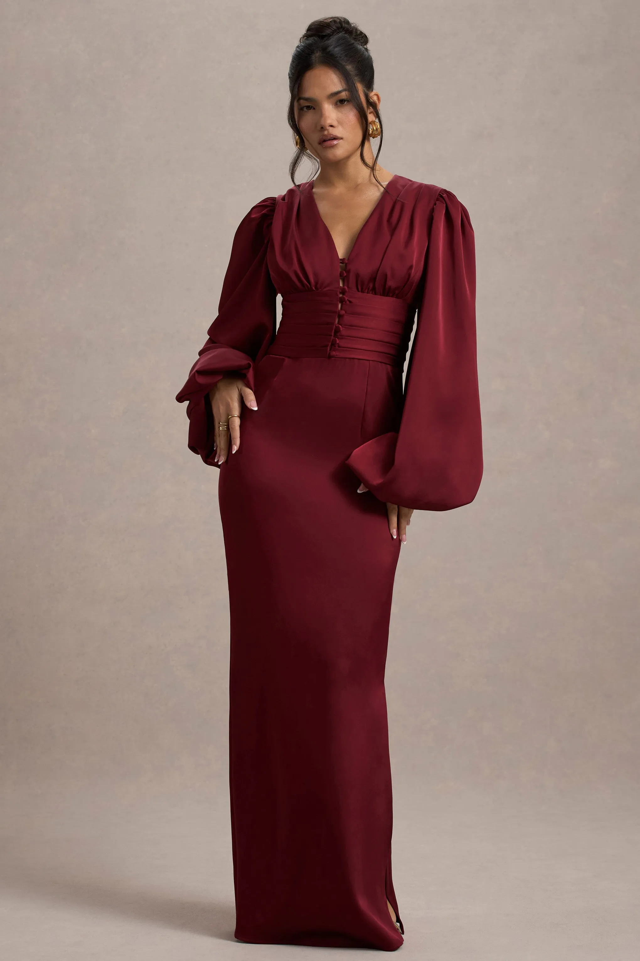 Helsinki | Berry Satin V-Neck Balloon Sleeve Maxi Dress