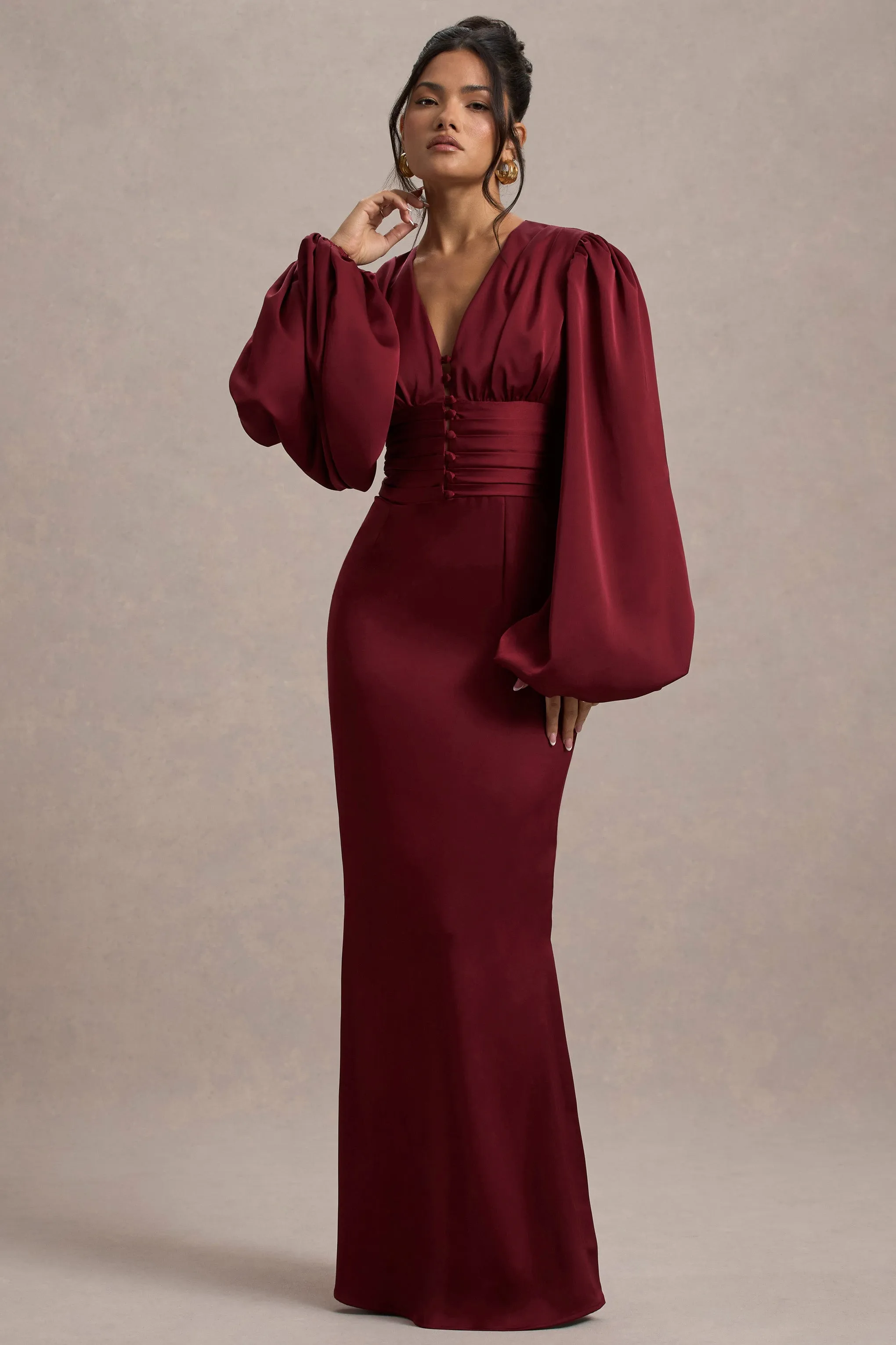 Helsinki | Berry Satin V-Neck Balloon Sleeve Maxi Dress