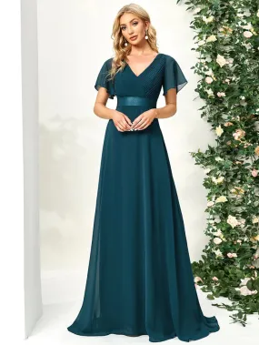 High Waist Maxi Chiffon Bridesmaid Dress with Short Sleeves