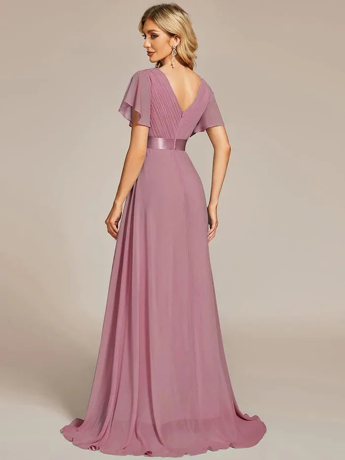 High Waist Maxi Chiffon Bridesmaid Dress with Short Sleeves