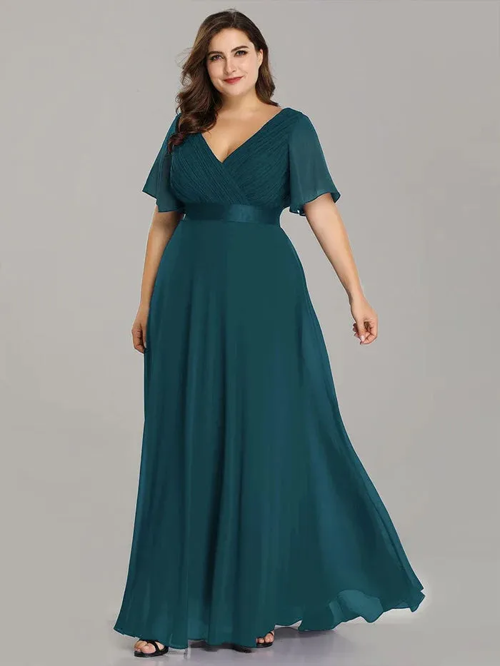 High Waist Maxi Chiffon Bridesmaid Dress with Short Sleeves