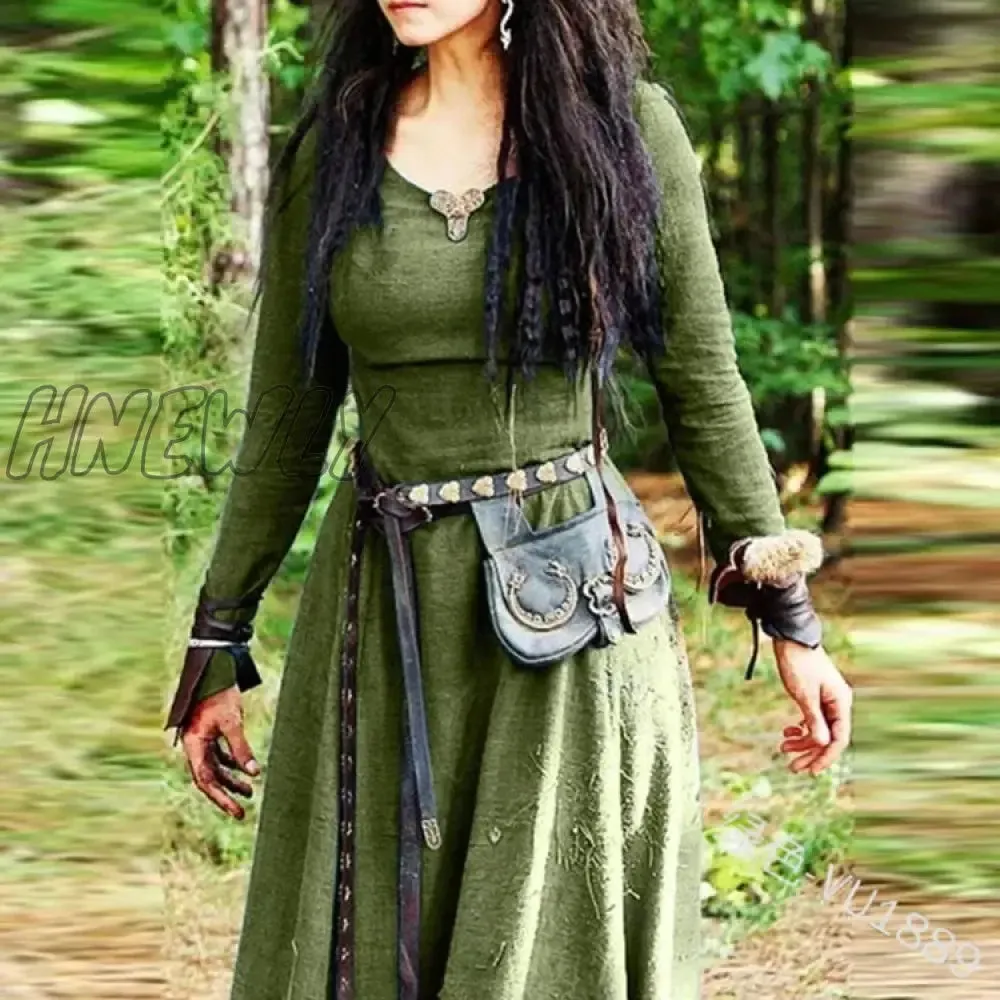 Hnewly Vintage Dress for Women V-neck Mid-calf Length Gothic Dresses Medieval Ladies Cosplay Renaissance Celtic Viking Gothic Clothing