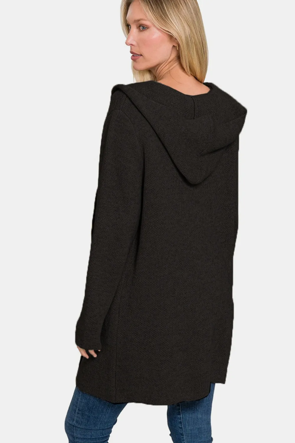 Hooded Open Front Black Sweater Cardigan