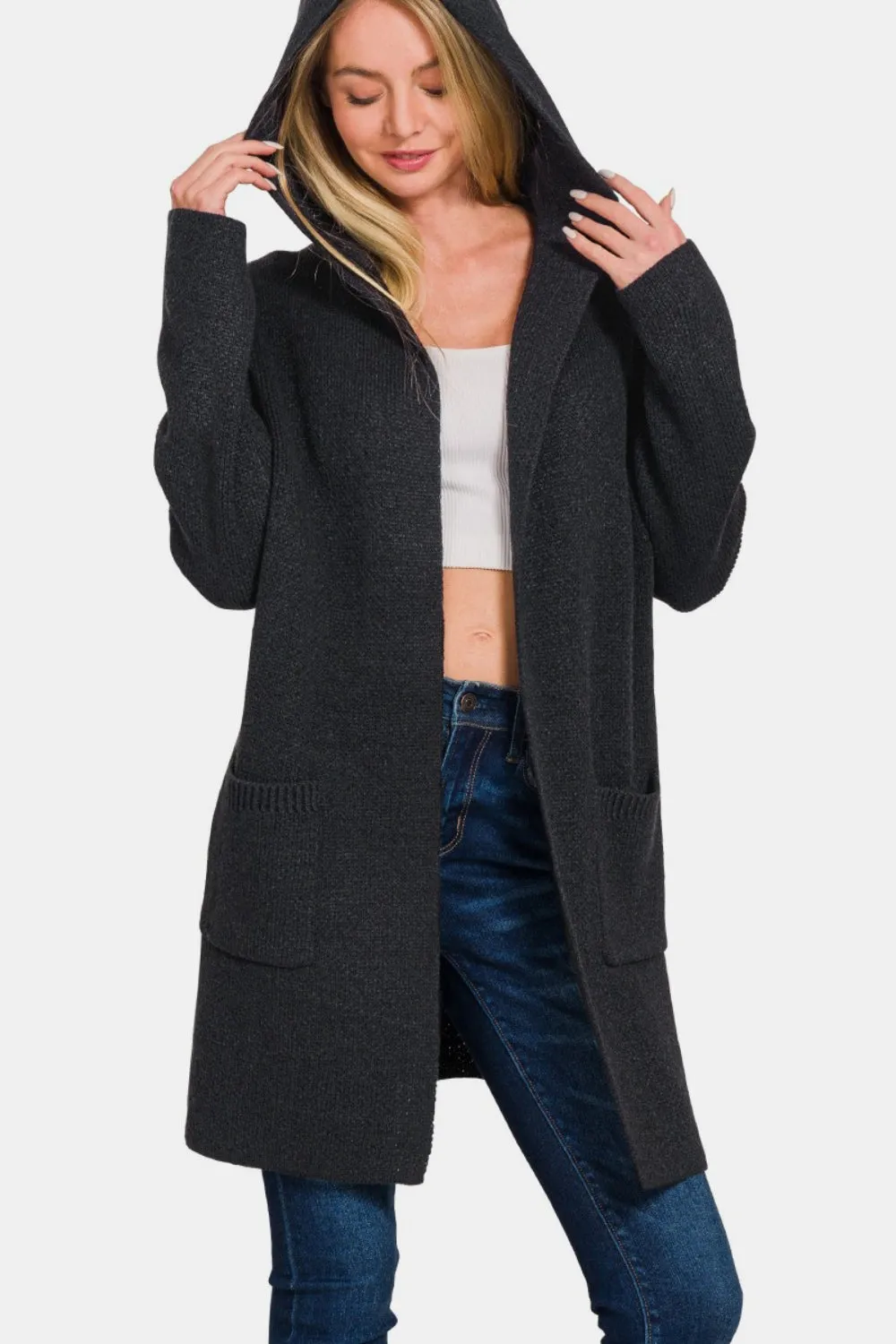 Hooded Open Front Black Sweater Cardigan