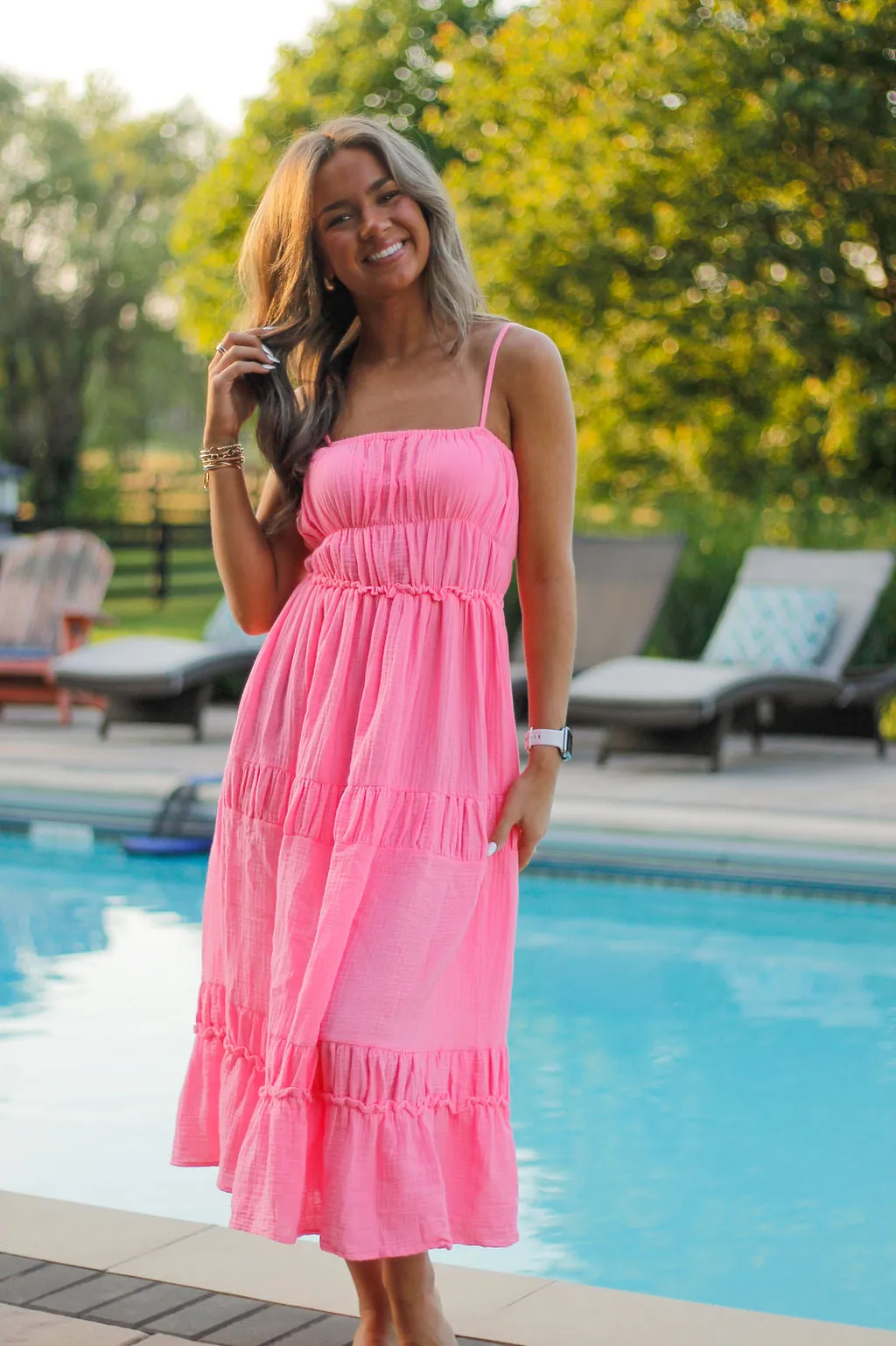 Hot Pink Solid Gauze Maxi Dress