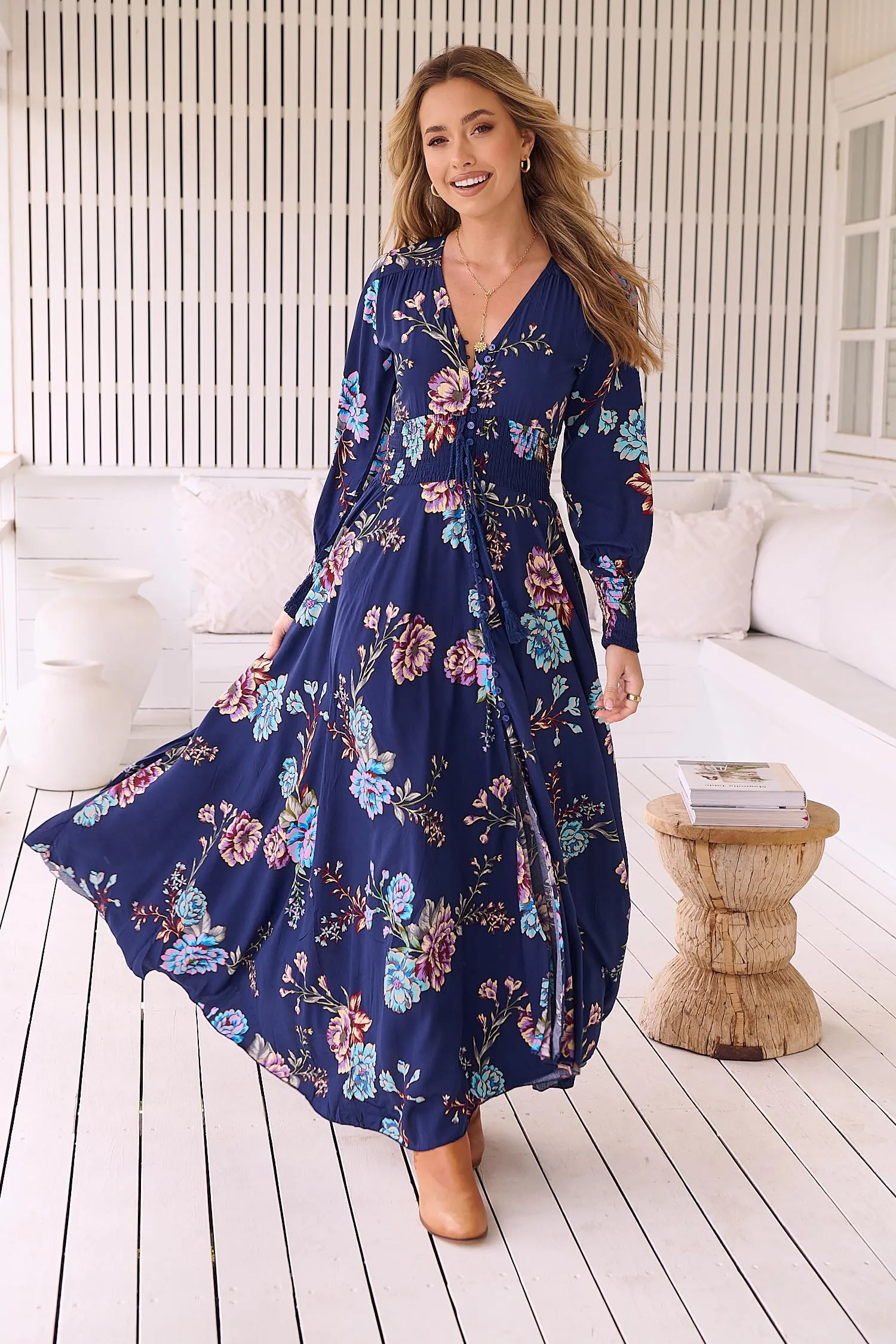 Jaase Indiana Maxi Dress with Long Sleeve Buttoned Front Shirred Waist - Botanica Collection