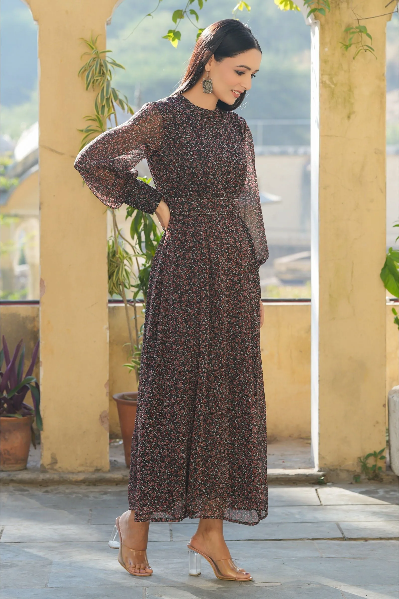 Jashvi Black Floral Printed Chiffon Flared Maxi Dress With Buttons.