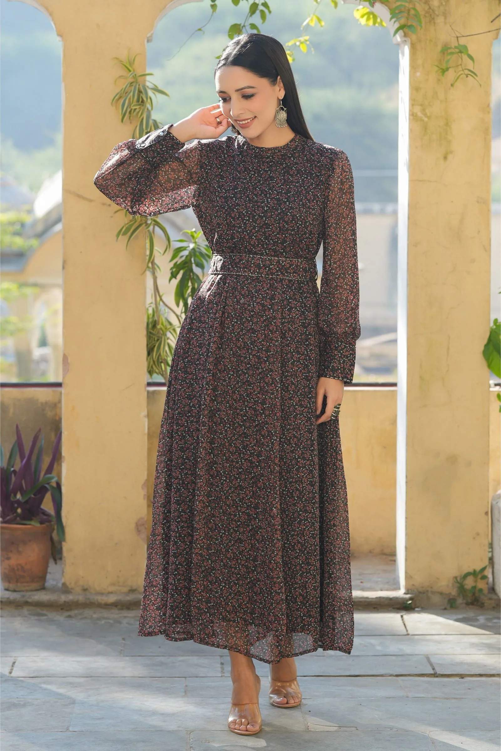 Jashvi Black Floral Printed Chiffon Flared Maxi Dress With Buttons.