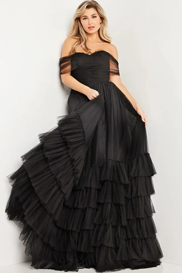 Jovani 37608  Long Prom Dress Ruched Off Shoulder Pleated Layered Skirt Train Formal Pageant Gown