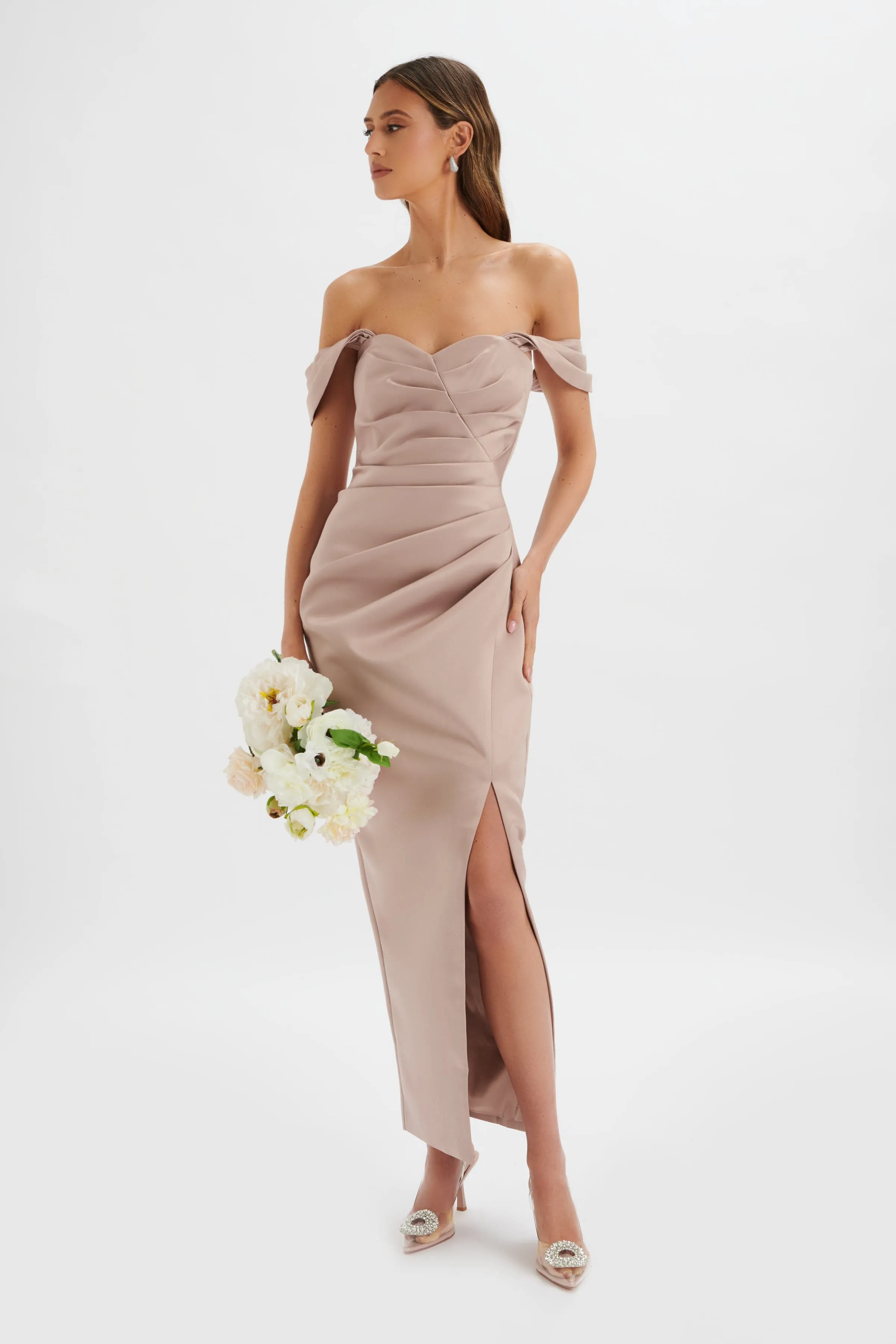 KAITLIN Bonded Satin Off Shoulder Maxi Dress In Mink