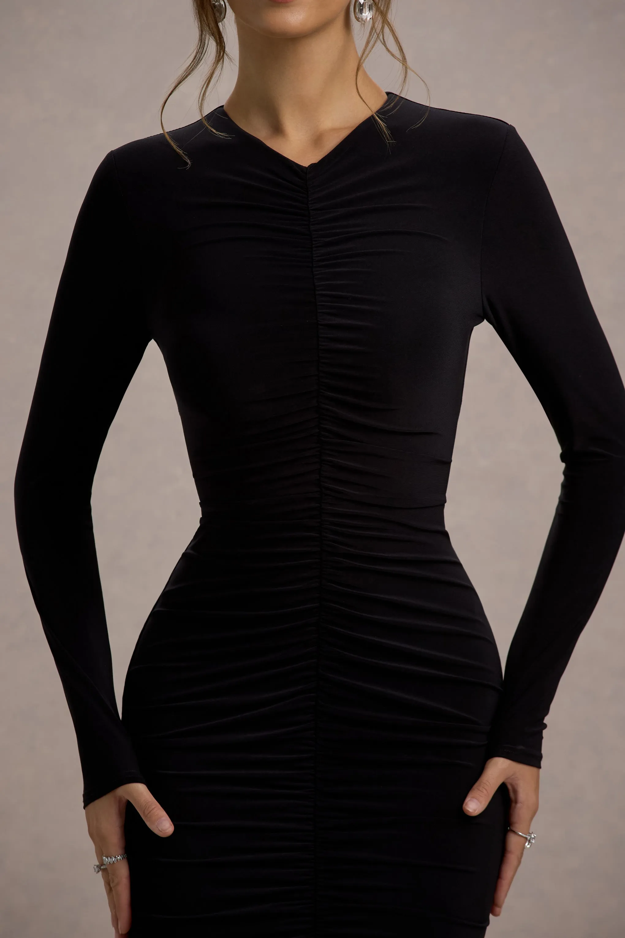 Kalilah | Black Long-Sleeve Ruched Fishtail Maxi Dress