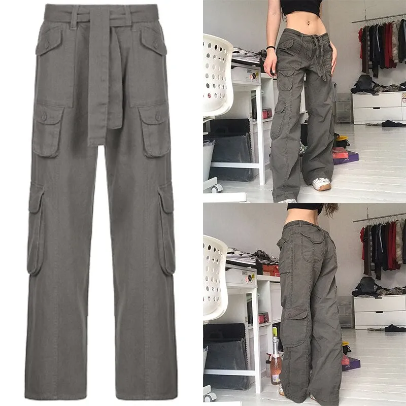 KittenAlarm - Women Spring Fashion Multi Pockets White Cargo Pants Women Adjustable Low Waist Baggy Wide Leg Jeans Oversized Casual Trousers Retro Bottoms Iamhotty