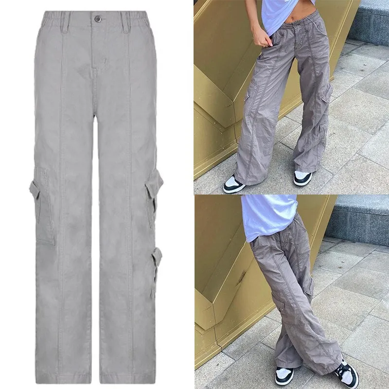 KittenAlarm - Women Spring Fashion Multi Pockets White Cargo Pants Women Adjustable Low Waist Baggy Wide Leg Jeans Oversized Casual Trousers Retro Bottoms Iamhotty