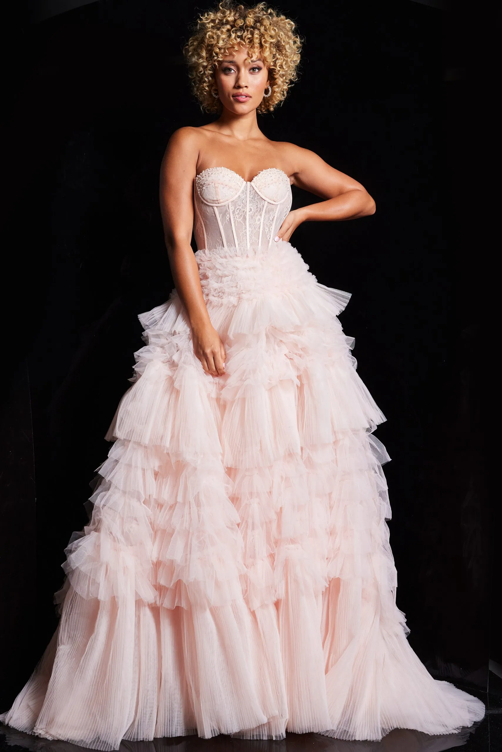 Lace Strapless A-line Ruffled Gown by Jovani 38540