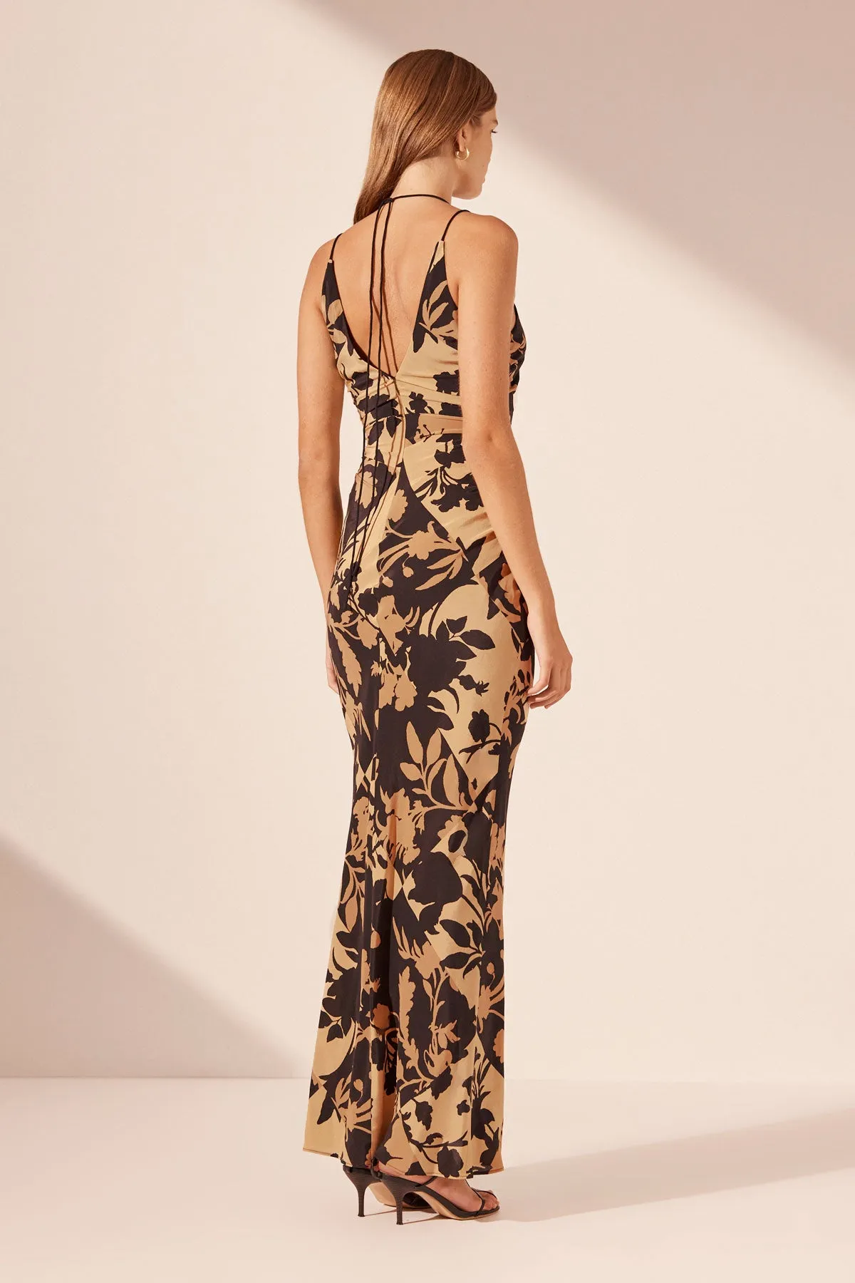 LAI SILK HIGH NECK RUCHED MAXI DRESS