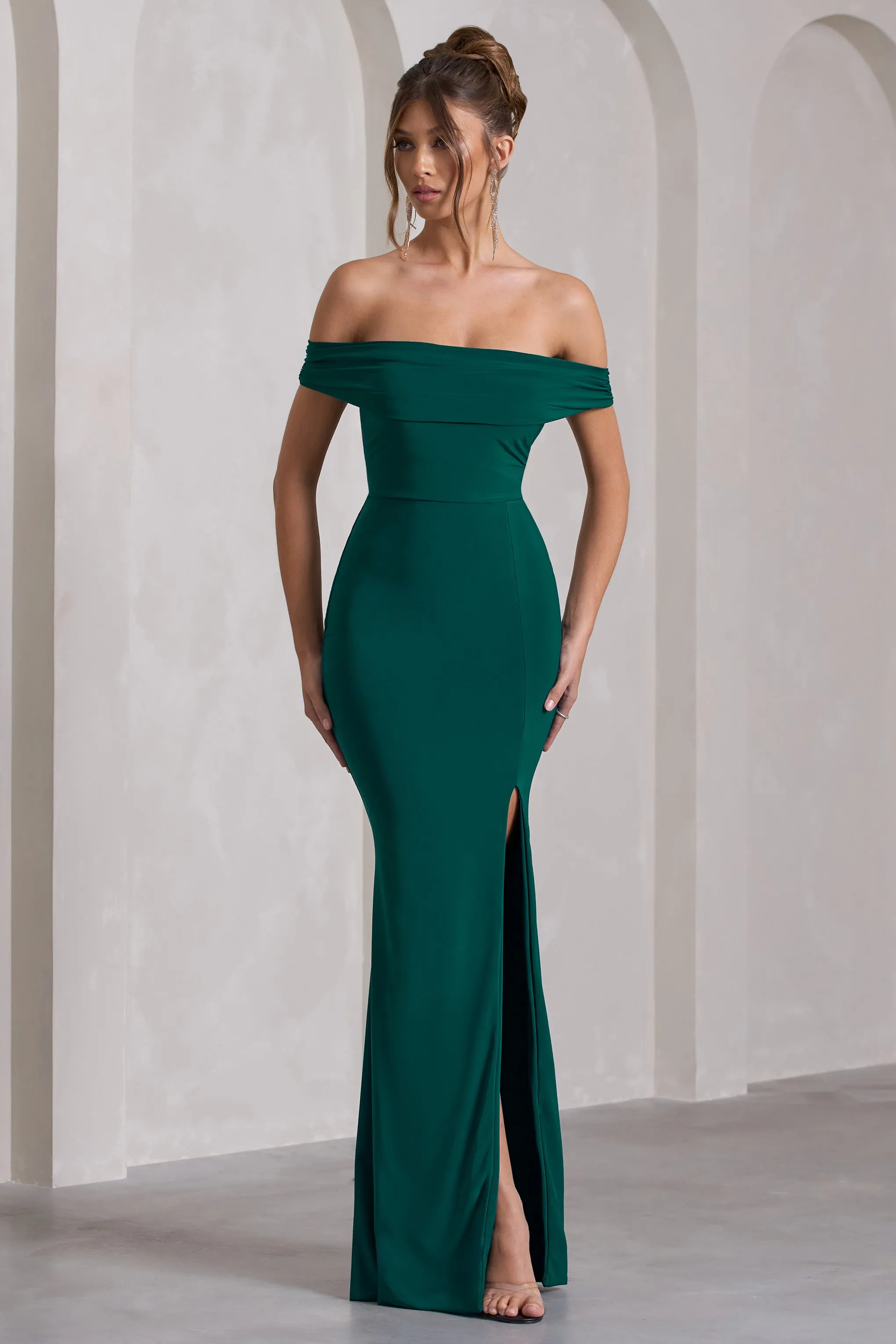 Law of Attraction | Bottle Green Bardot Draped Split Maxi Dress