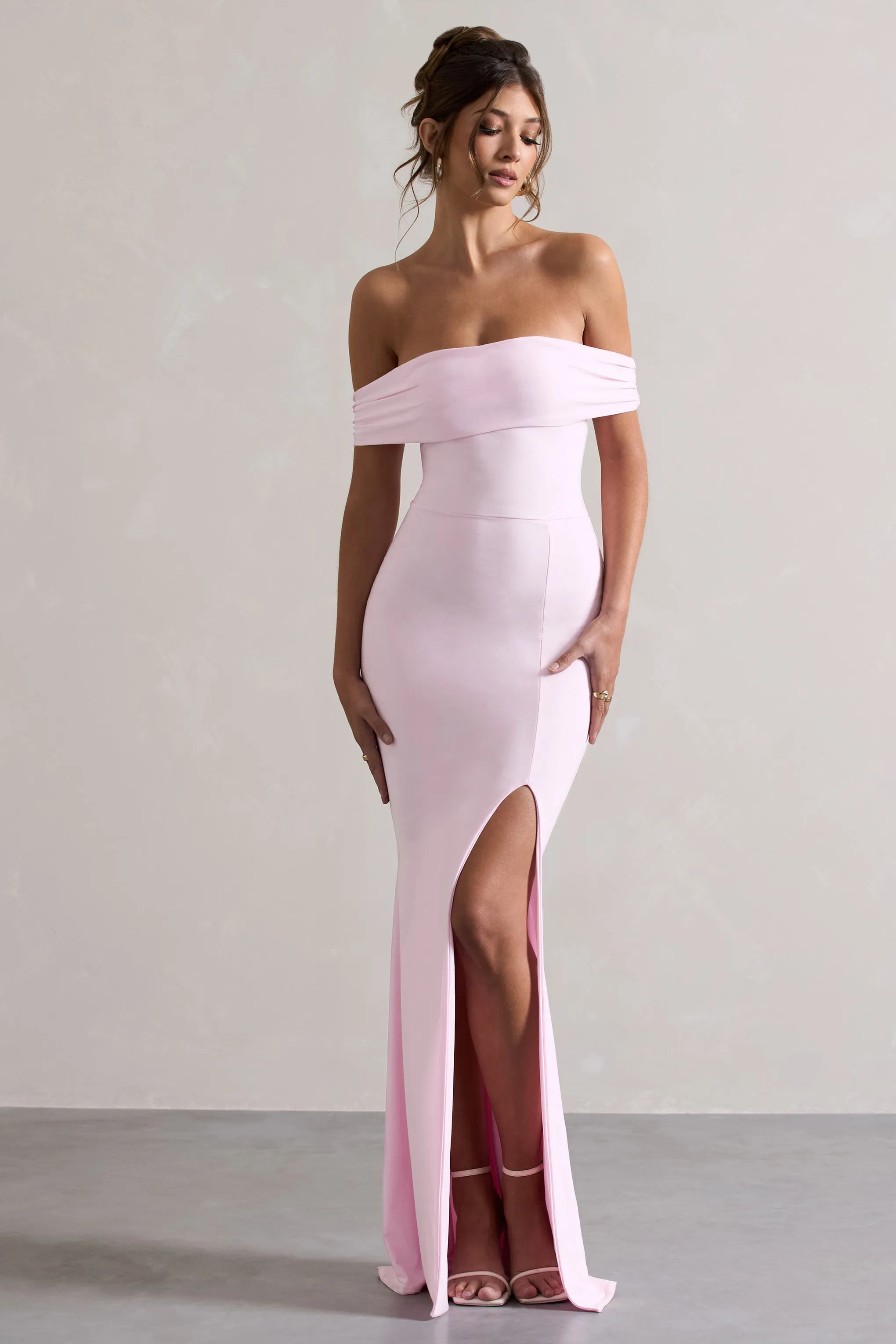 Law of Attraction | Pink Bardot Draped Split Maxi Dress