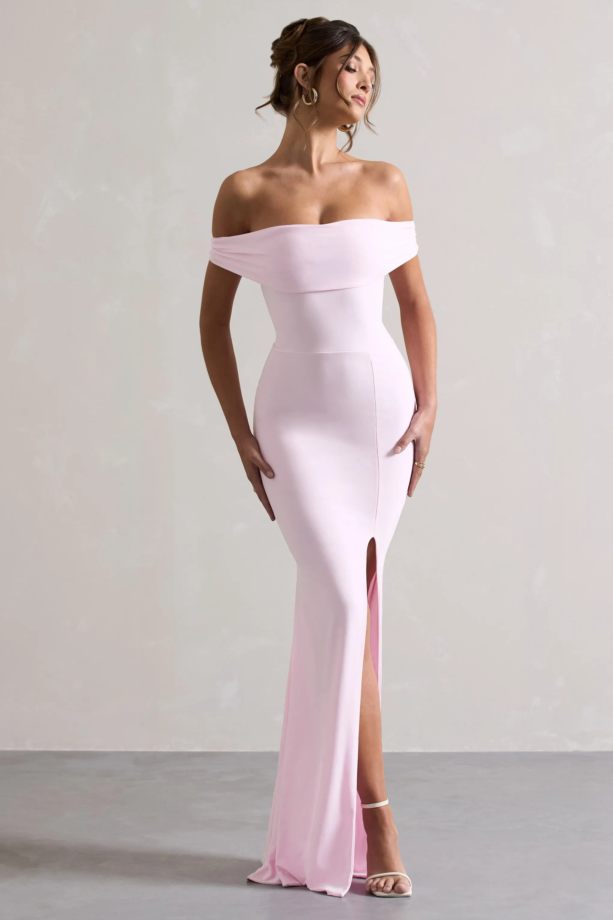 Law of Attraction | Pink Bardot Draped Split Maxi Dress