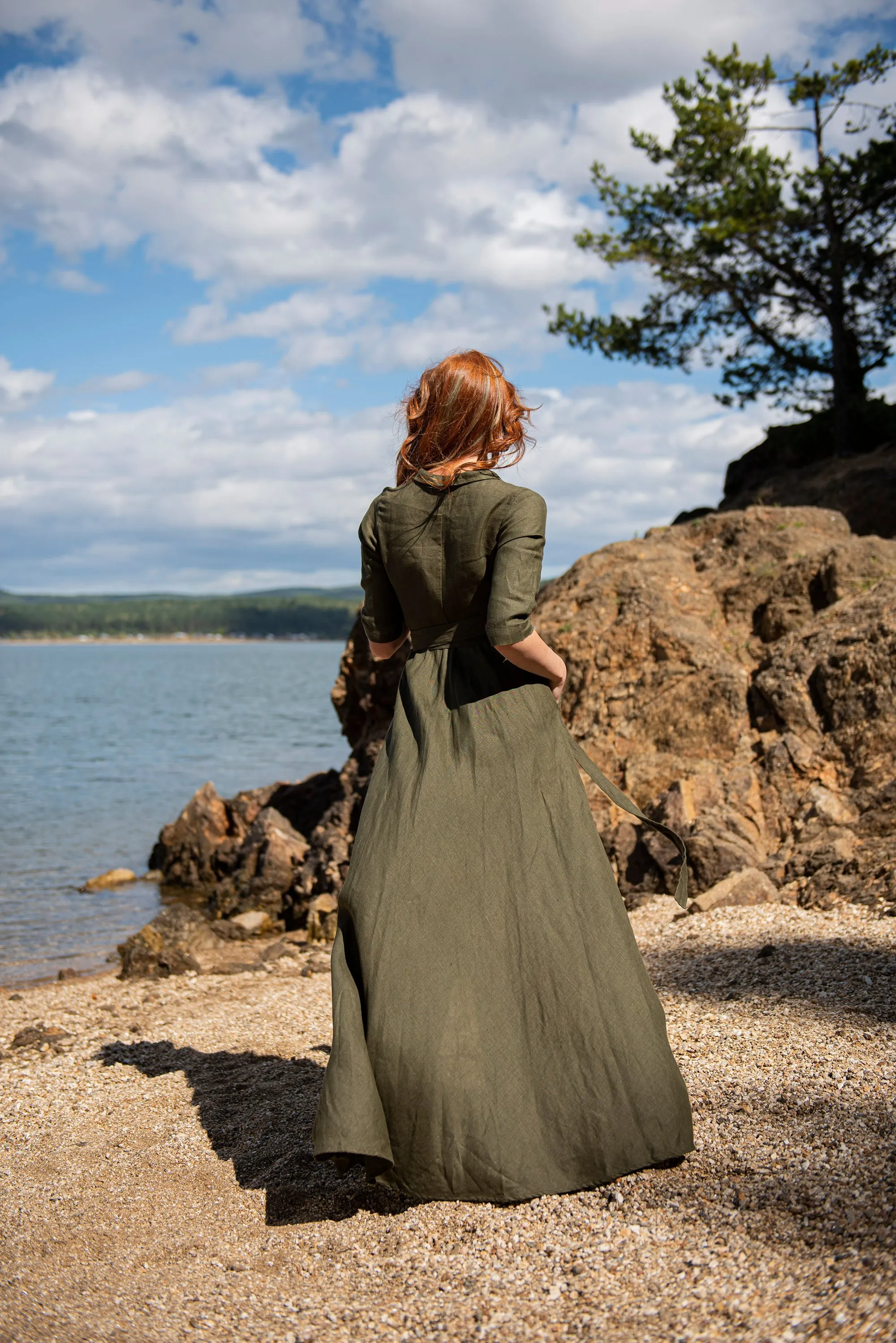 Long Linen Summer Dress with Tie Belt