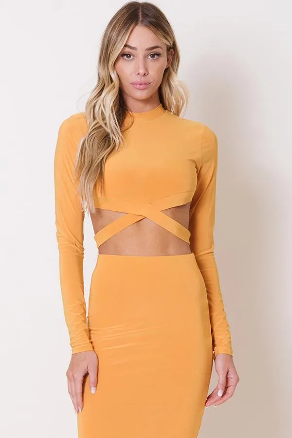 Long Sleeve Crop Cut Out High Waist Ankle Skirt