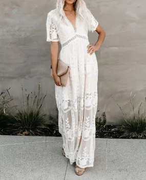 Long White Lace Boho Dress