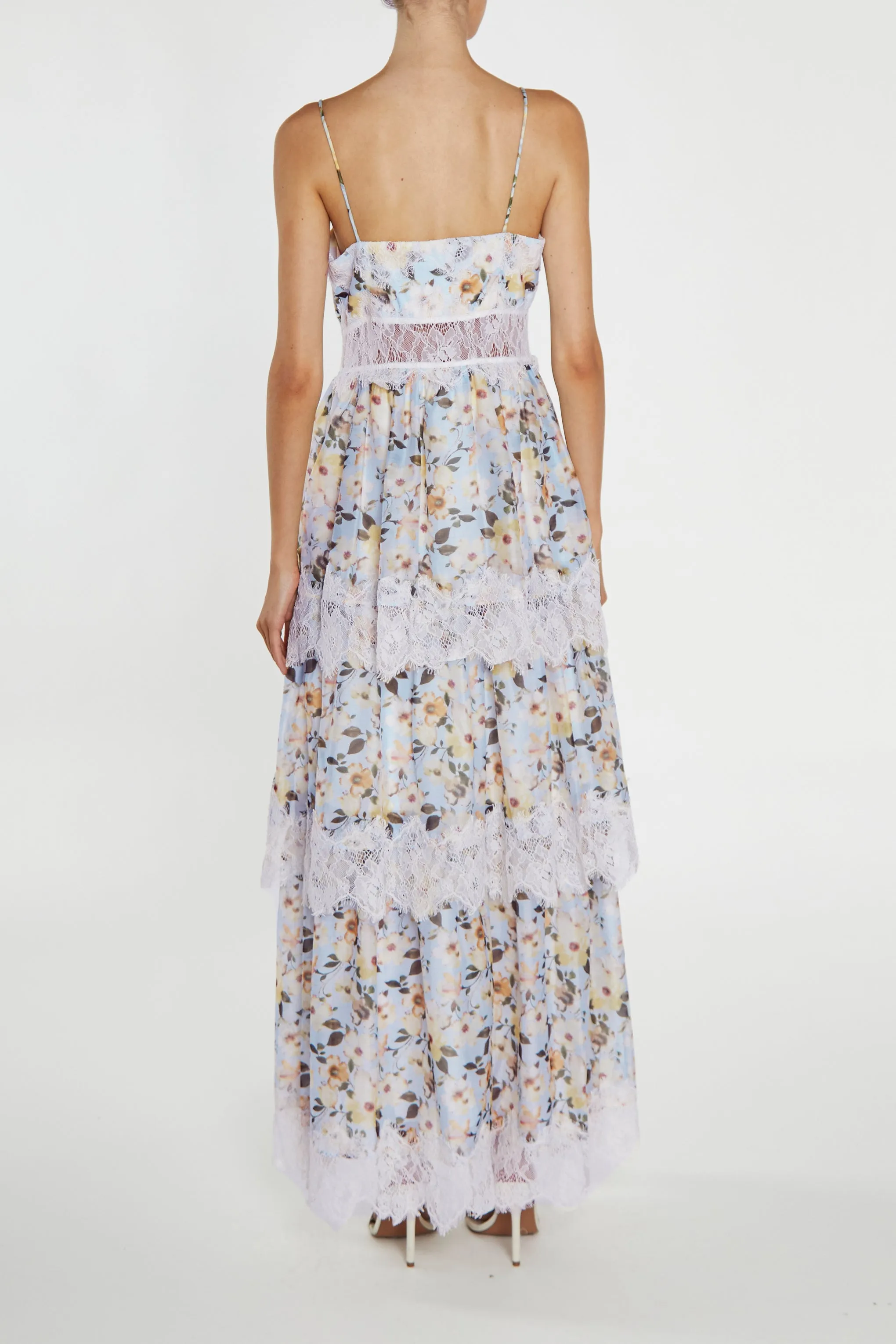 Maisie Pale-Blue Flower Organza Tiered Strappy Maxi-Dress