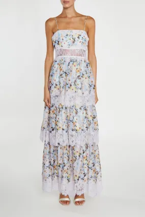 Maisie Pale-Blue Flower Organza Tiered Strappy Maxi-Dress