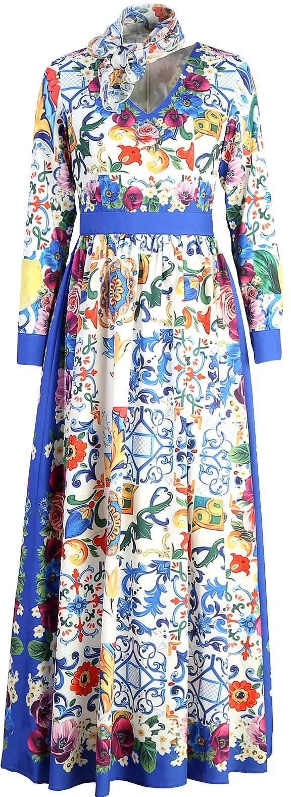 'Majolica' Tile-Print Maxi Dress with Scarf