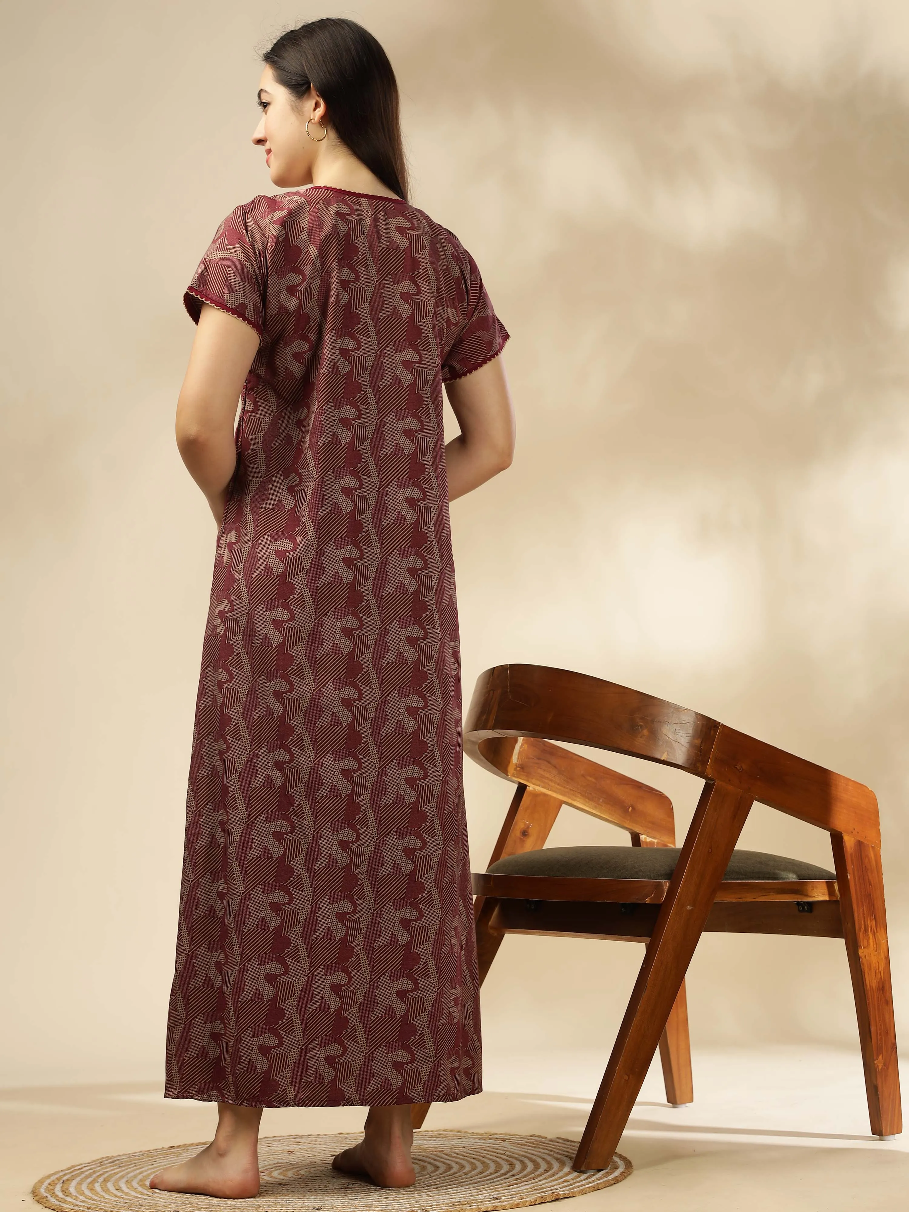 Maroon Smokey Floral Maxi Nighty – Luxurious Nightwear